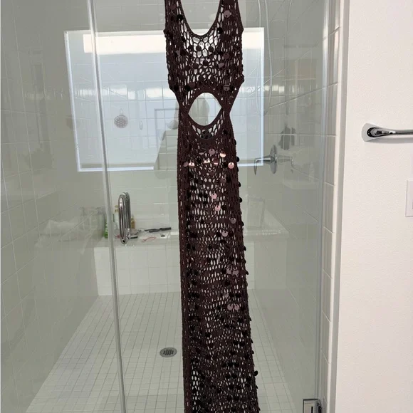 Superdown Chocolate Crochet Dress with Sequin Accents - Picture 2 of 6